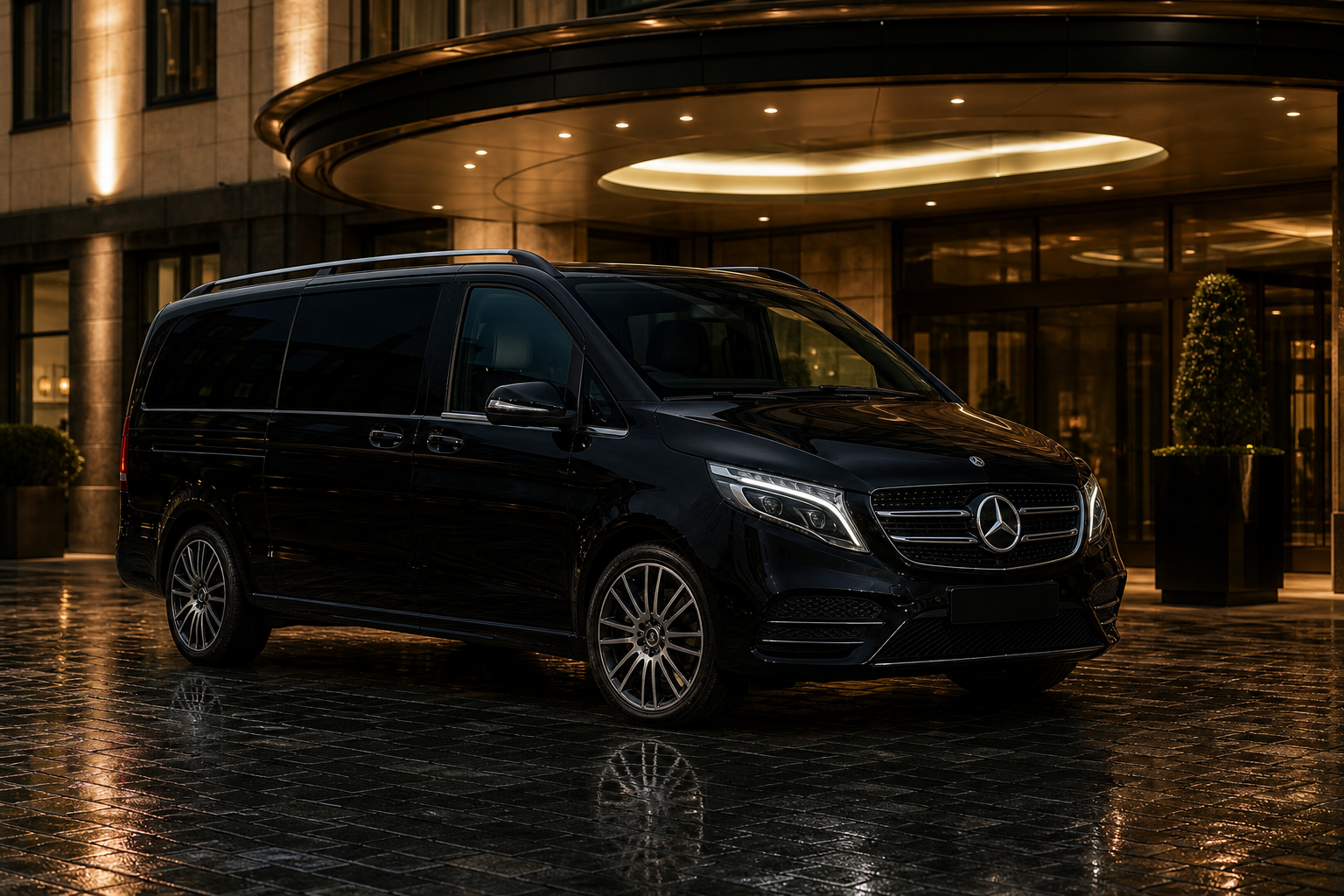 Black Mercedes V-Class luxury people carrier outside a Dublin hotel entrance at dusk